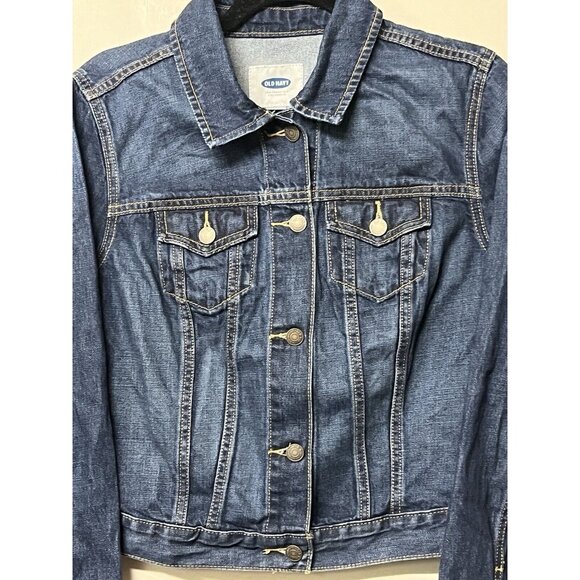 Old Navy Denim Jacket Women’s Medium Dark Indigo Cropped Button Up No Pockets - Picture 3 of 8